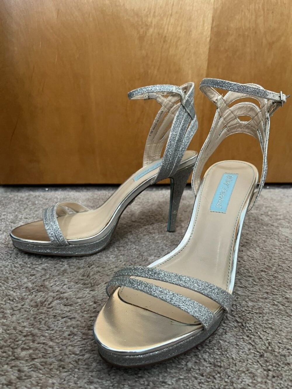 Betsey Johnson 8.5M Silver Glitter High Heels with Ankle Straps